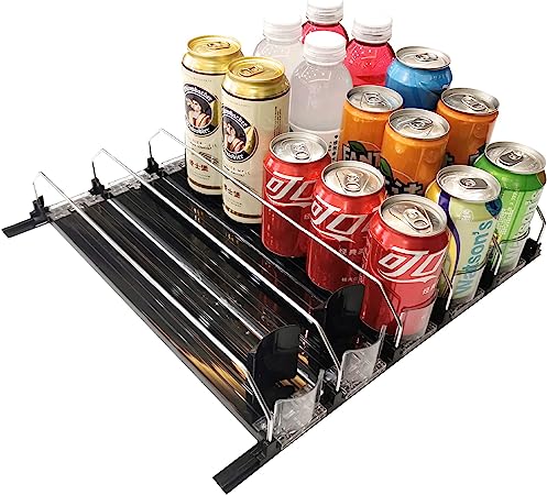 Refrigerator Can Organizer,Drink Organizer for Fridge, Self Pushing Soda Can Organizer for Refrigerator,Width Adjustable,Beer Pop Can Water Bottle Storage for Pantry, Kitchen-Black, 5 Row