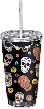 Mugzie 949-TGC"Sugar Skull Toss" To Go Tumbler with Insulated Wetsuit Cover, 16 oz, Black