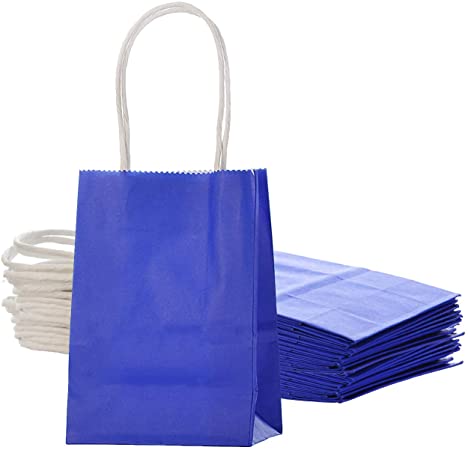 Small Blue Paper Bag with Handle 6x4.5x2.5 inch for Wedding Birthday Baby Shower Recycled Bag, Pack of 24