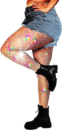 DancMolly 10X Strong Ultra Sparkly Rhinestone Fishnet Stockings, Plus Size Sparkle Tights for Women Sexy Party Concert Outfit