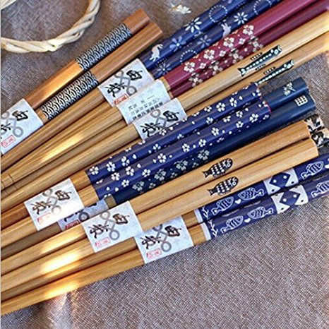 Set of 5 Pairs Natural Bamboo Painted Chopsticks Reusable