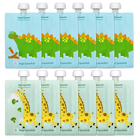 Sage Spoonfuls Squeezie 12 Piece Reusable Food Pouch, Dino/Giraffe