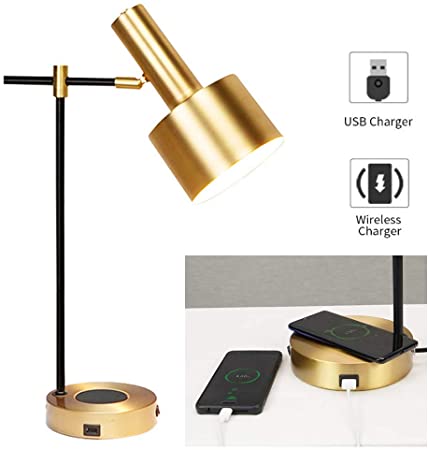 Brushed Steel Gold Desk Lamp with Wireless Charging and USB Charge Port, Adjustable Lampshade Table Lamps for Bedroom, Living Room and Office Workstation,A