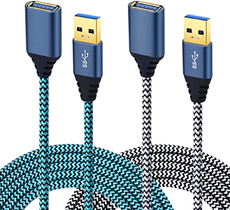 USB Extension Cord, Besgoods 2-Pack 10Ft USB 3.0 Extension Cable Braided USB to USB Extender Cable A Male to A Female Compatible Hard Drive, Keyboard, Mouse, Printer, PS4 - Blue White