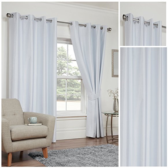 Faux Silk White 3 Pass Coated Thermal Blackout Ring Top / Eyelet Unlined Readymade Curtain Pair 66x90in(168x228cm) Approximately Including Tie Backs By Hamilton McBride®