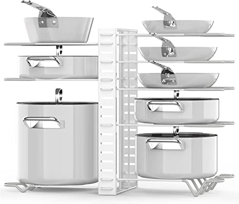 Pot Rack Organizers, G-TING 8 Tiers Pots and Pans Organizer for Kitchen Organization & Storage, Adjustable Pot Lid Holders & Pan Rack, Lid Organizer for Pots and Pans With 3 DIY Methods(White)