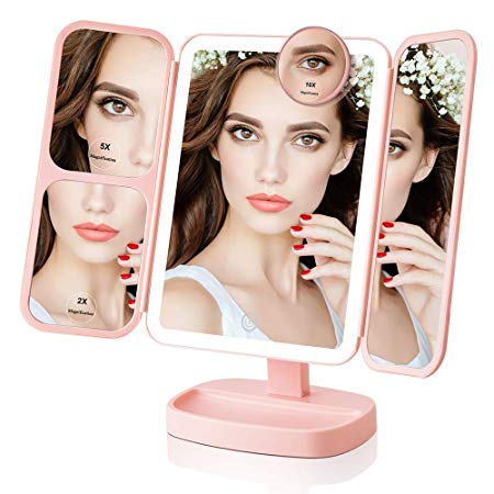 Easehold Led Lighted Vanity Mirror Make Up Tri-Fold with 38Pcs Lights Ultra-Thin 2x/5x/10x Magnifying 180 Degree Free Rotation Table Countertop Cosmetic Bathroom Mirror (Pink)