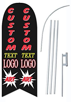 Custom Printed 2-sided (One Design) 12-foot Feather Flag - Printed With Your Text and Graphics - Complete Set Includes Two-sided Custom Flag, Heavy-Duty 15-foot Pole, and Ground Spike