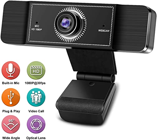 Webcam with Microphone, 1080P HD Webcam Streaming Computer Web Camera with 95-Degree Wide View Angle, USB Plug and Play Webcam for PC Desktop or Laptop Video Calling Recording Conferencing