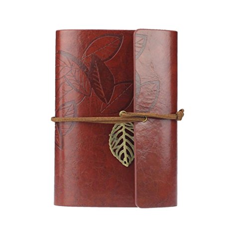 Bilila Vintage Leaf Leather Cover Loose Leaf Blank Notebook Journal Diary Gift (Dark Red)