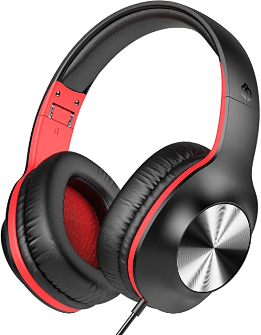 iClever Over Ear Headphones - Stereo Wired Headphones with MIC, Soft Memory Earmuffs, Foldable, Adjustable Headphones with 3.5mm Aux Jack for School/Office/Online Class/Meeting/PC/Tablet, Black&Red
