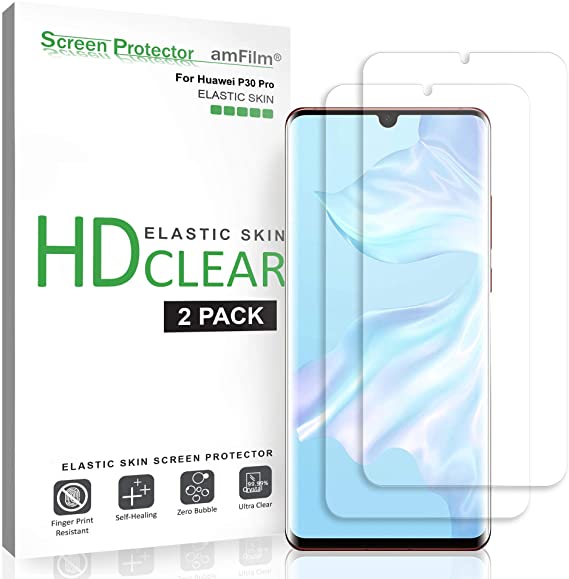 amFilm Screen Protector for Huawei P30 Pro (2 Pack), Flexible (Case Friendly) HD Clear Elastic TPU Film Screen Protector for Huawei P30 Pro (2019)