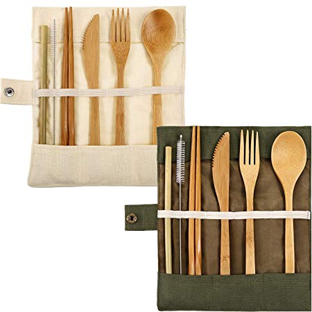 2 Set Bamboo Cutlery Flatware Set Bamboo Travel Utensils Include Reusable Knife Fork Spoon Chopsticks Straws (White and Green)