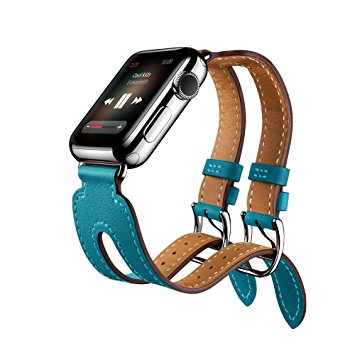 Apple Watch Band, LoveBlue Apple Watch Band Series 2 Series 1,Genuine Leather Band Double Buckle Cuff Bracelet Leather Watchband With Adapter for Apple iWatch（42mm,Double Buckle Blue）