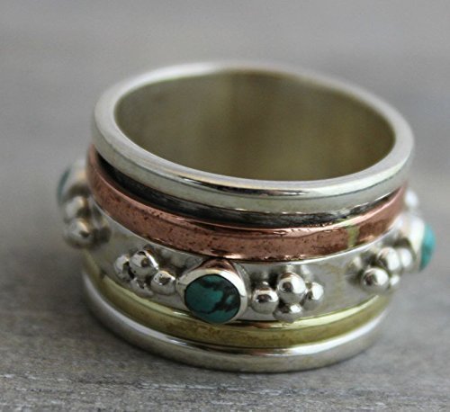Sterling Silver (925) Turquoise Brass Copper Bohemian Spinning Fidget Ring size 9