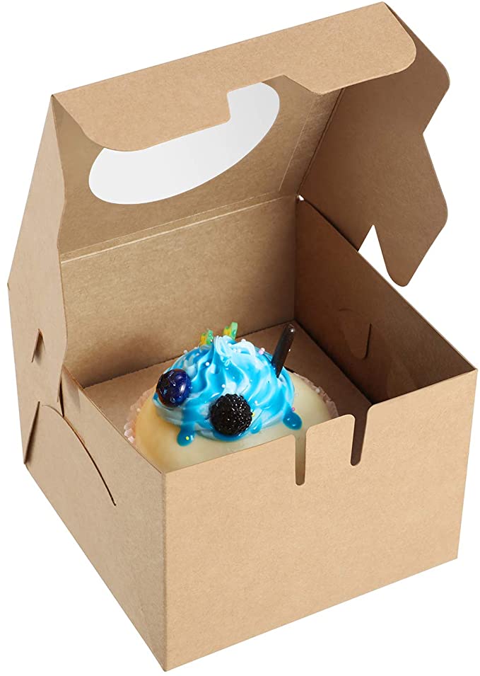 X-Chef Individual Single Cupcake Boxes 25 Packs, Food Grade Kraft Pastry Bakery Boxes with Display Window and Insert to Fit Single Cupcake Muffin Dessert or Pastry, 4" x 4" x 3"/Each