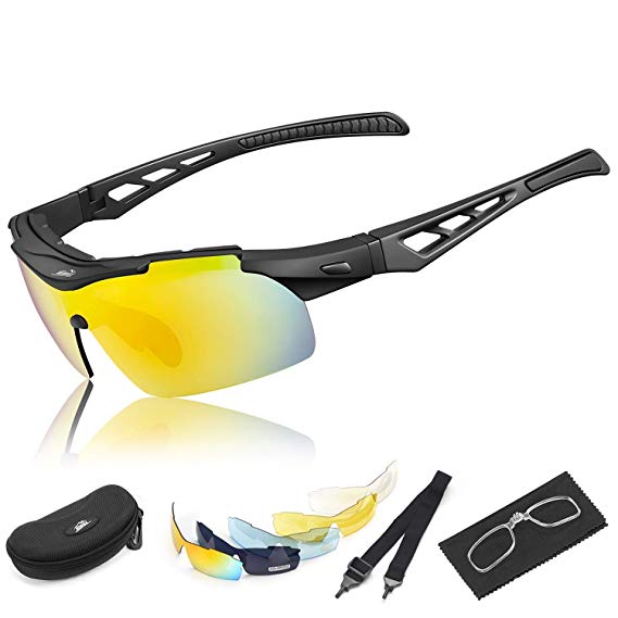 HiHiLL Polarized Sports Sunglasses for Men Women, Driving Sun Glasses with 5 Interchangeable Nylon Lens and Unbreakable PC Injection Frame with Rubber Mats for Cycling, Climbing, Sports, Driving