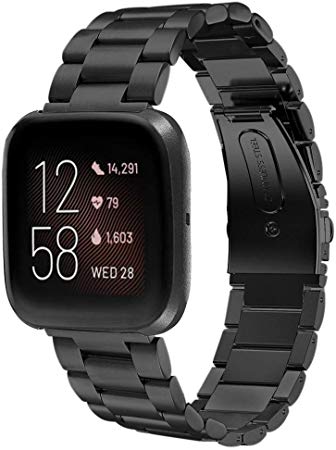 Shangpule Compatible with Fitbit Versa 2 Bands for Women Men, Stainless Steel Metal Replacement Strap Wristband Accessories for Versa 2/Versa/Versa Lite Smart Watch Large Small (Black)