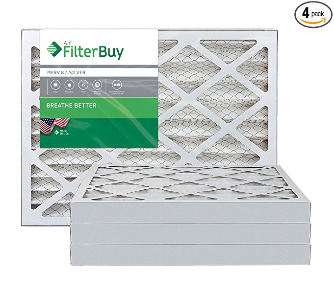 AFB Silver MERV 8 16x25x2 Pleated AC Furnace Air Filter. Pack of 4 Filters. 100% produced in the USA.