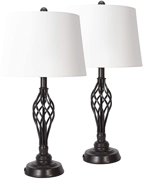 CO-Z Farmhouse Table Lamps Set of 2 Bronze, Retro End Table Lamps Pair with Wrought Iron Lamp Base and Fabric Shade, Country Lamps for Living Room Bedroom Family Entryway Bedside.