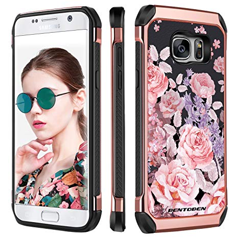 Galaxy S7 Case, Samsung S7 Phone Case, BENTOBEN Ultra Slim Fit Dual Layer Luxury Hybrid Hard PC Laminated with Colorful Flower Faux Leather Shockproof Protective Phone Case Cover for Samsung Galaxy S7