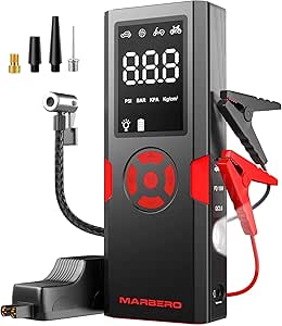 Portable Car Jump Starter with Air Compressor 4500A 12V MARBERO Portable Car Battery Booster Pack 10L Gas/8L Diesel 150PSI Auto Off Tire Inflator Jump Box with Digital Screen, Flashlight(Red)