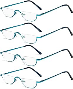 KoKoBin Half Reading Glasses,4 Pack Half Rim Metal Frame Glasses Spring Hinge Readers with Leather Pouch for Men and Women (Blue,1.50)