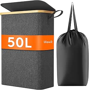 Lifewit 50L Slim Laundry Hamper with Lid, Narrow Laundry Basket with Removable Bag & Bamboo Handles, Fodable Thin Dirty Clothes Hamper for Laundry Collapsible Bin for Bathroom Bedroom Dorm, Black