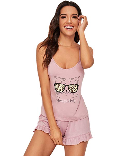 DIDK Women's Letter Print Cami and Shorts Pajama Set