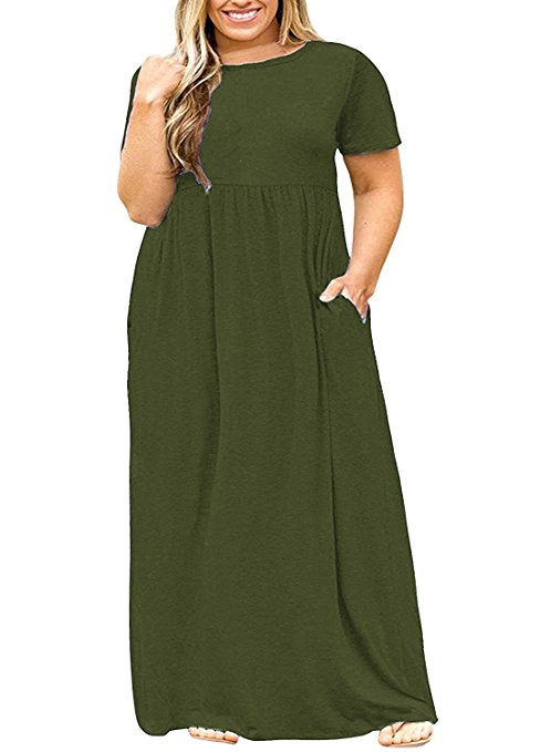 Shele Womens Plus Size Dresses Short Sleeve Loose Plain Pockets Long Maxi T-Shirt Dress