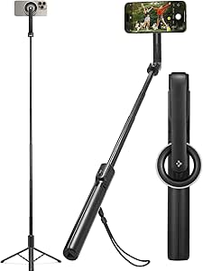 Spigen MagSafe Selfie Stick Tripod Stand (MagFit) with Bluetooth Remote Control Shutter 47" Extendable Compatible with MagSafe iPhone 16 15 14 13 12 Pro Max Mini & Android Phones - Black