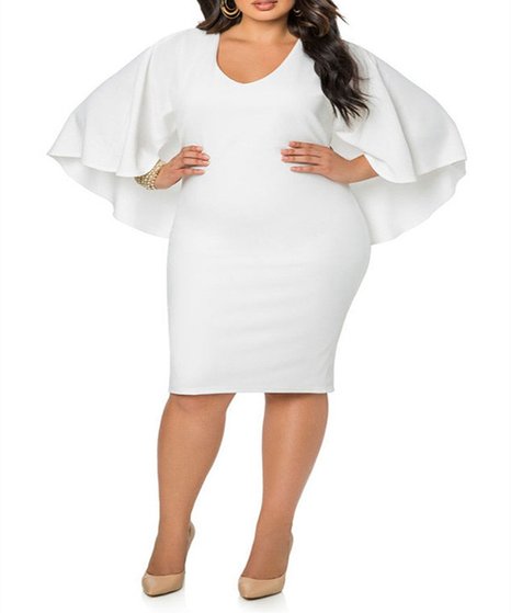 Hot Fish Women's Batwing Sleeve V Neck Solid Bodycon Plus Size Dress