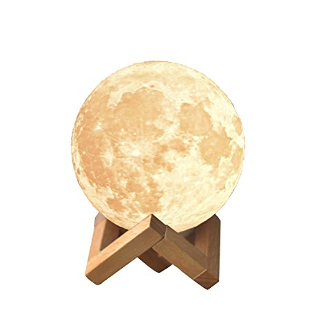 MSPARK Rechargeable 3D Printing Moon Lamp Touch Switch Luna Night Light Color And Brightness Adjustable With Wooden Mount 3.15IN