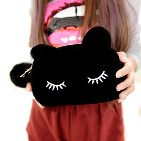 Cute Cartoon Cat Cosmetic Makeup Storage Bag Pen Pencil Pouch Case (Black)