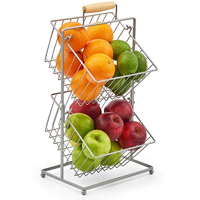 EZOWare 2-Tier Fruit Basket, Kitchen Market Produce Mini Countertop Display Holder Stand - Storage Organizer for Fruits Veggies Snacks Household Items - Silver Metal