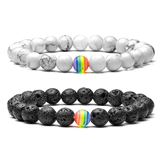Jovivi LGBT Relationship Bracelet Rainbow Pride White Howlite/Black Lava Rock Beads Oil Diffuser Bracelets for Men Women