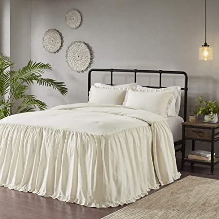 Madison Park Juliet 100% Cotton Top, Classic Ruffle Skirt Fitted-Bedspread-Style Quilt Hypoallergenic All Season Bedding-Set, Queen(60"x80"), Ivory 3 Piece