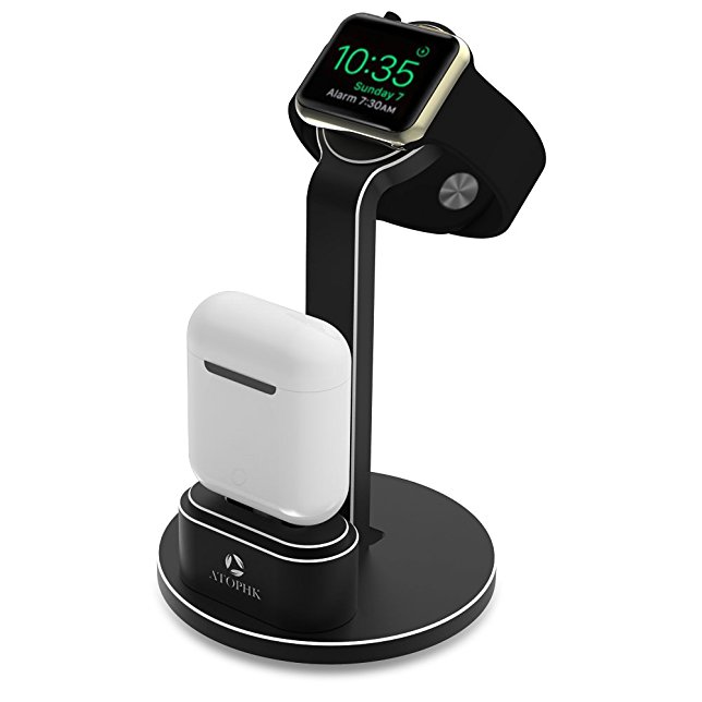 ATOPHK 2 in 1 Premium Aluminum Desktop Stand Charging Dock Station for Apple iWatch (38mm 42mm) Nightstand Mode Compatible, Airpods Wireless Bluetooth Headphone Case with Cable Management (102-Black)