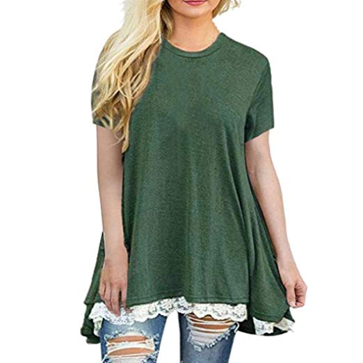iLHreg Clearance Deals O-Neck T-ShirtZYooh Women Short Sleeve A-Line Lace Stitching Loose Blouse Tops