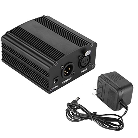 Floureon 1- Channel 48V Phantom Power Supply with Adapter for Condenser Microphone Music Recording Equipment (Black)