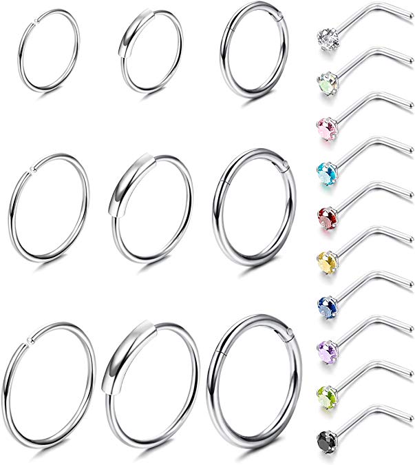 ORAZIO 16G 20G Nose Rings Hoop Stainless Steel L Nose Rings Studs Piercings Hoop Jewelry