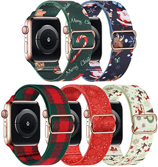 GBPOOT 5 Packs Bands Compatible with Apple Watch,Nylon Stretch Loop Straps for Iwatch Series 7/6/5/4/3/2/1/SE,Santa Claus/Christmas Elk/Christmas Tree/Christmas Color,38/40/41mm