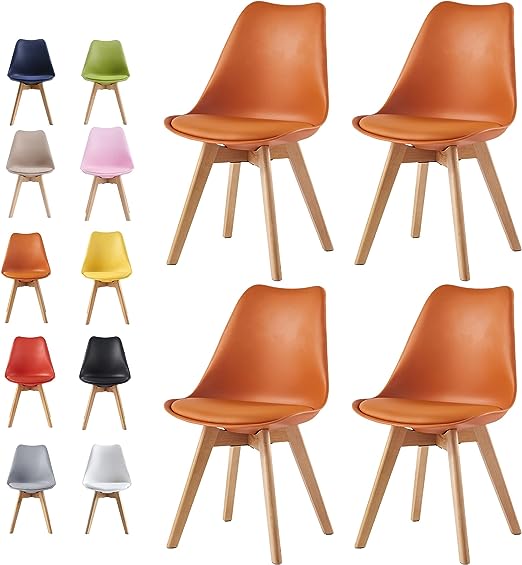 mcc direct Set of 4 Dining Chairs Wooden Legs Soft Cushion Pad Stylish DELUXE Retro Lounge Dining Office EVA (Orange)
