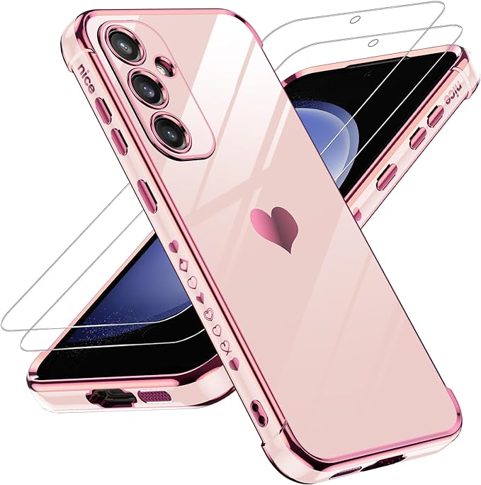 LeYi for Galaxy S23 FE Case: with Tempered Glass Screen Protector [2 Pcs]  Full Camera Lens Protection, Love Heart Plating Women Cute Luxury Soft TPU Shockproof Case for Samsung S23FE 5G, Pink