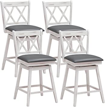 COSTWAY Bar Stool Set of 4, 360 °Swivel Counter Height 25inch Bar Stool with Foot Rest Upholstered Cushion & Ergonomic Backrest, Sturdy Frame, for Pub, Restaurant, Home (4, White   Grey)