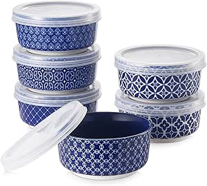 DOWAN Ramekins with Lids 4.8 oz, Ceramic Dipping Bowls with Lids, Small Oven Safe Baking Cups, For Personal Creme Brulee, Souffle, Custard, Ice Cream, Dipping Sauce Bowls, Set of 6, Vintage Blue