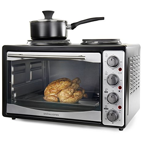 Andrew James Large 33 Litre Capacity Black Mini Oven And Grill With Double Hot Plates - Includes 2 Year Manufacturer's Warranty