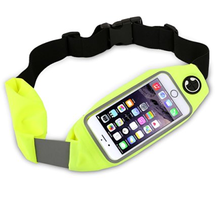 Dual Pocket Running Belt Waist Pack, Weatherproof Reflective Sport Bag Pouch - Workout, Walk, Hiking, Cycling - iPhone 6SPlus and Android Phone Holder, Clear Touch Screen Window by Boonix [Green 5.5"]