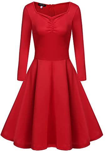 ACEVOG Womens Vintage Dress Midi Elegant Dress A Line Swing Vintage Long Sleeve Scoop Neck Tea Dress