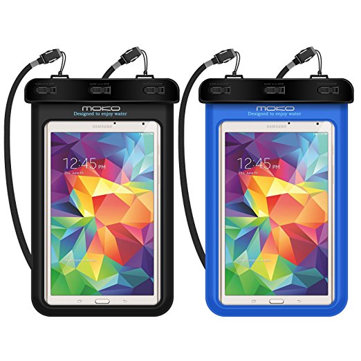 Universal Waterproof Case, MoKo [2-Pack] Dry Bag Pouch for iPad Mini Retina, Mini 2/4, Tab 2/3/4/5, Tab S2 8.0, Tab E 8.0, Tab A 8.0, G Pad 8.0, Nexus 7(FHD) & Other Tablets up to 8.3", BLACK   BLUE